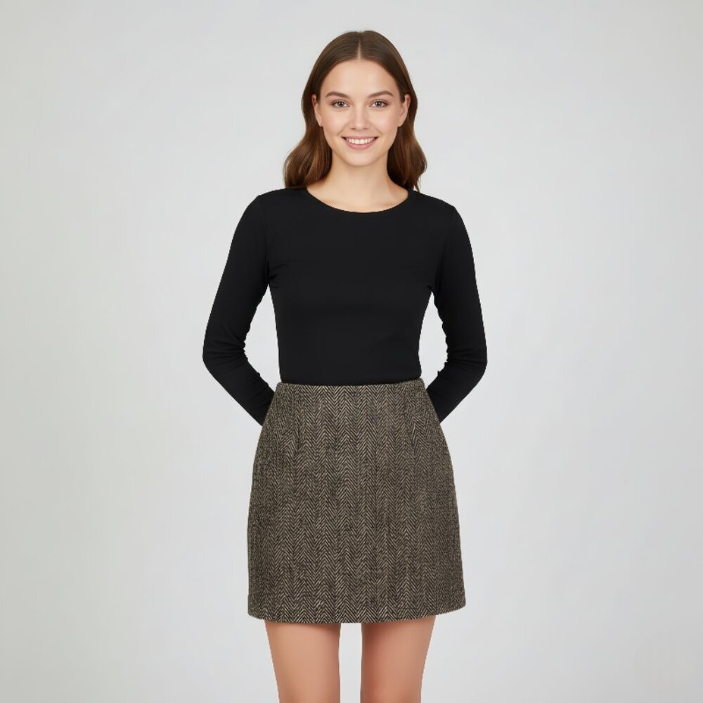 EUC H&M Brown Herringbone Wool Side Zip Mini Skirt S